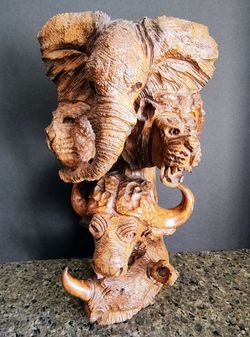 Big 5 Wood Carving -Elephant Rhino Buffalo Lion Leopard Sculpture Totem Pole