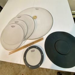Complete Set Of Remo Silentstroke Mesh Practice Drum Heads 12 13 16 22” And Rubber 14” Snare Pad Small Practice Pad Sticks $65 Cash In Ontario 91762