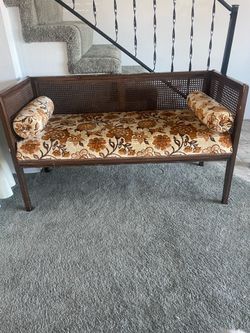1950s 1960s Vintage Mid-Century Modern Cane Back Floral Bench