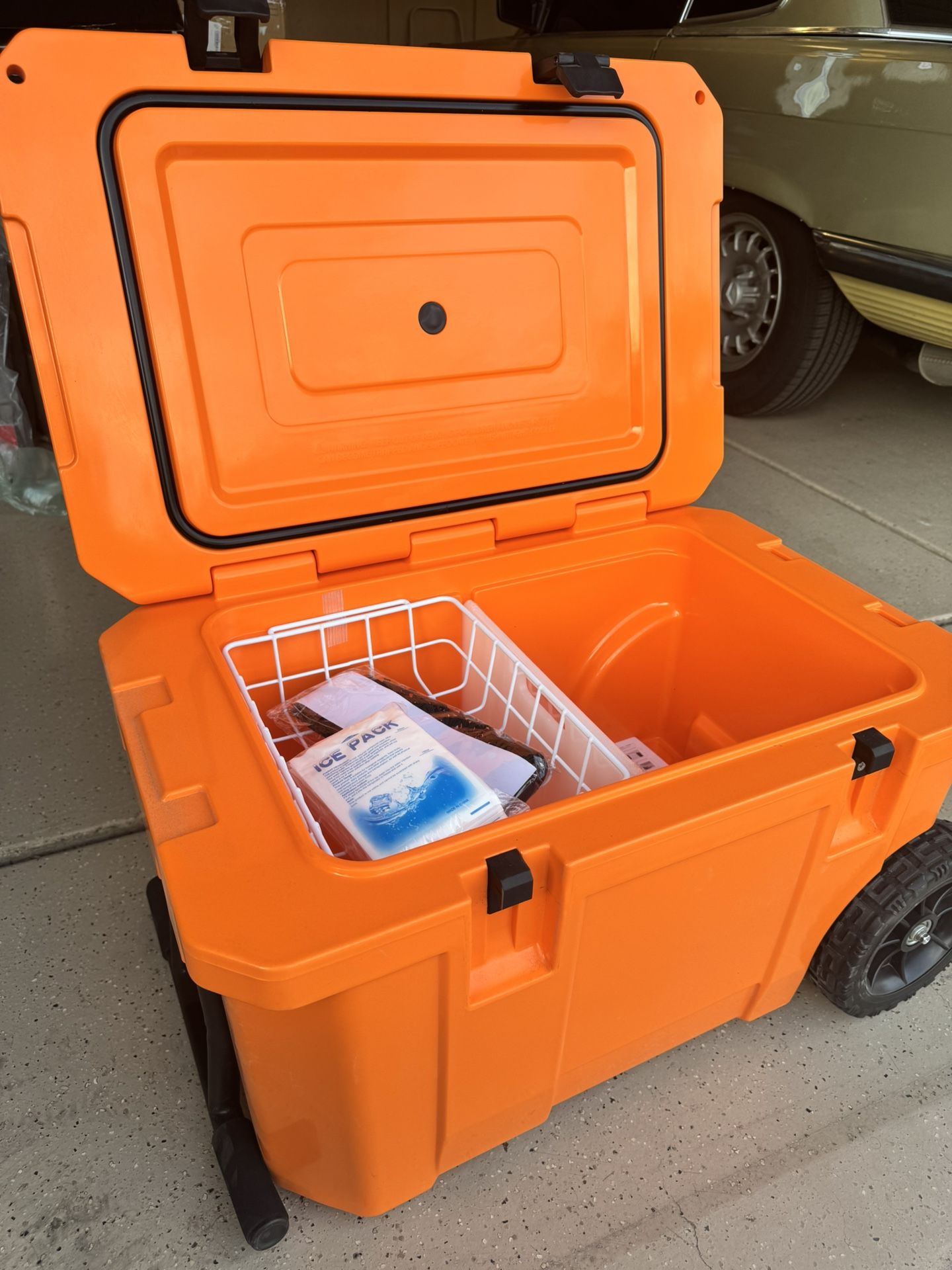 Brand New - Heavy-Duty Orange Wheeled Cooler – heavy-duty cooler on wheels, Drain Plug, and Cup Holders