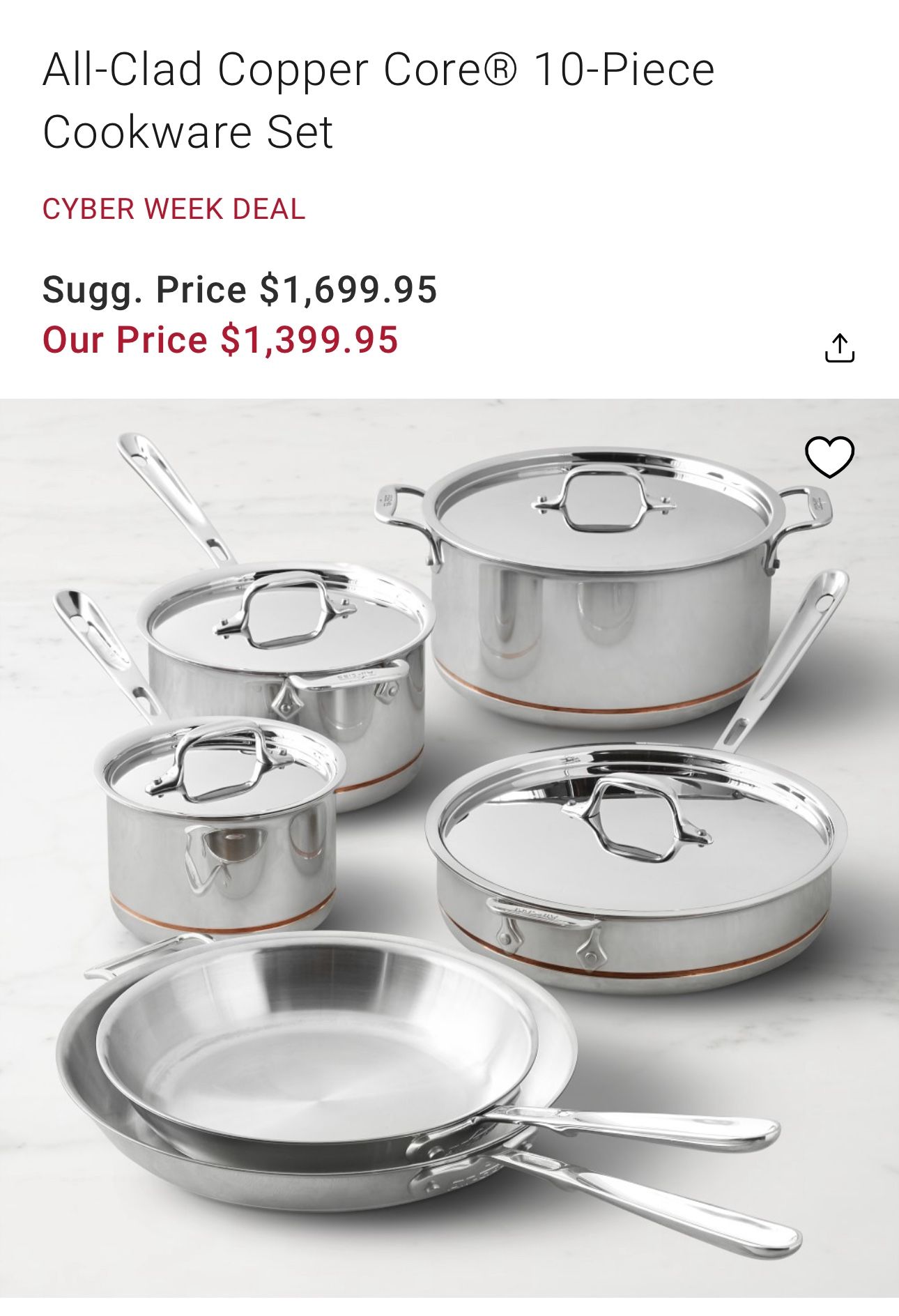 Brand New All-Clad Copper Core 10-Piece Cookware Set