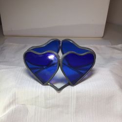 Vintage Stained Glass Cobalt Blue Hearts Votive Holder