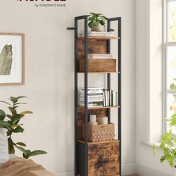 New 5-Tier Bookshelf, Book Shelf with Drawer, Industrial Bookcase, with Steel Frame