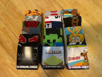 Mens 8-12 New 6 Pack Crew Socks Naruto. Minecraft, Scooby Doo 