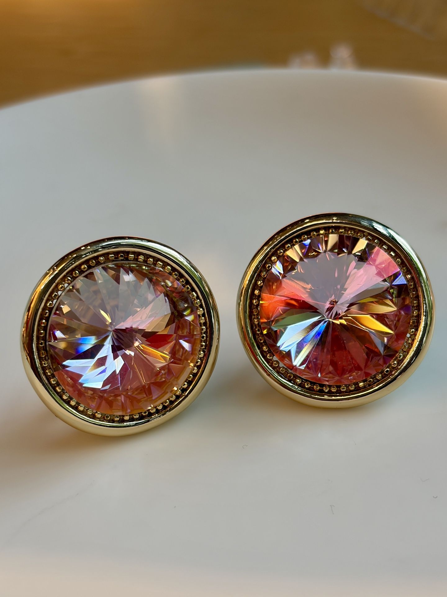 New Round Disc Rose Pink Crystal Flower Carving Vintage Style S925 Earrings Retro
