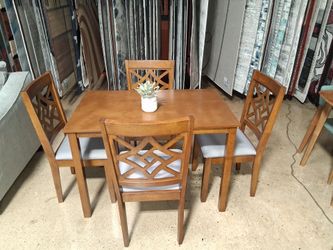 Small Brown 5 Pc Dining Set With 4 Chairs with fabric seats (New )