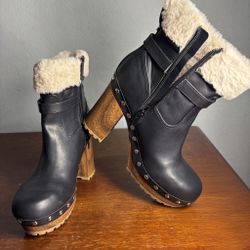 Guess Women’s Leather Booties Faux Fur & Studded Block Heels In Black Size 7
