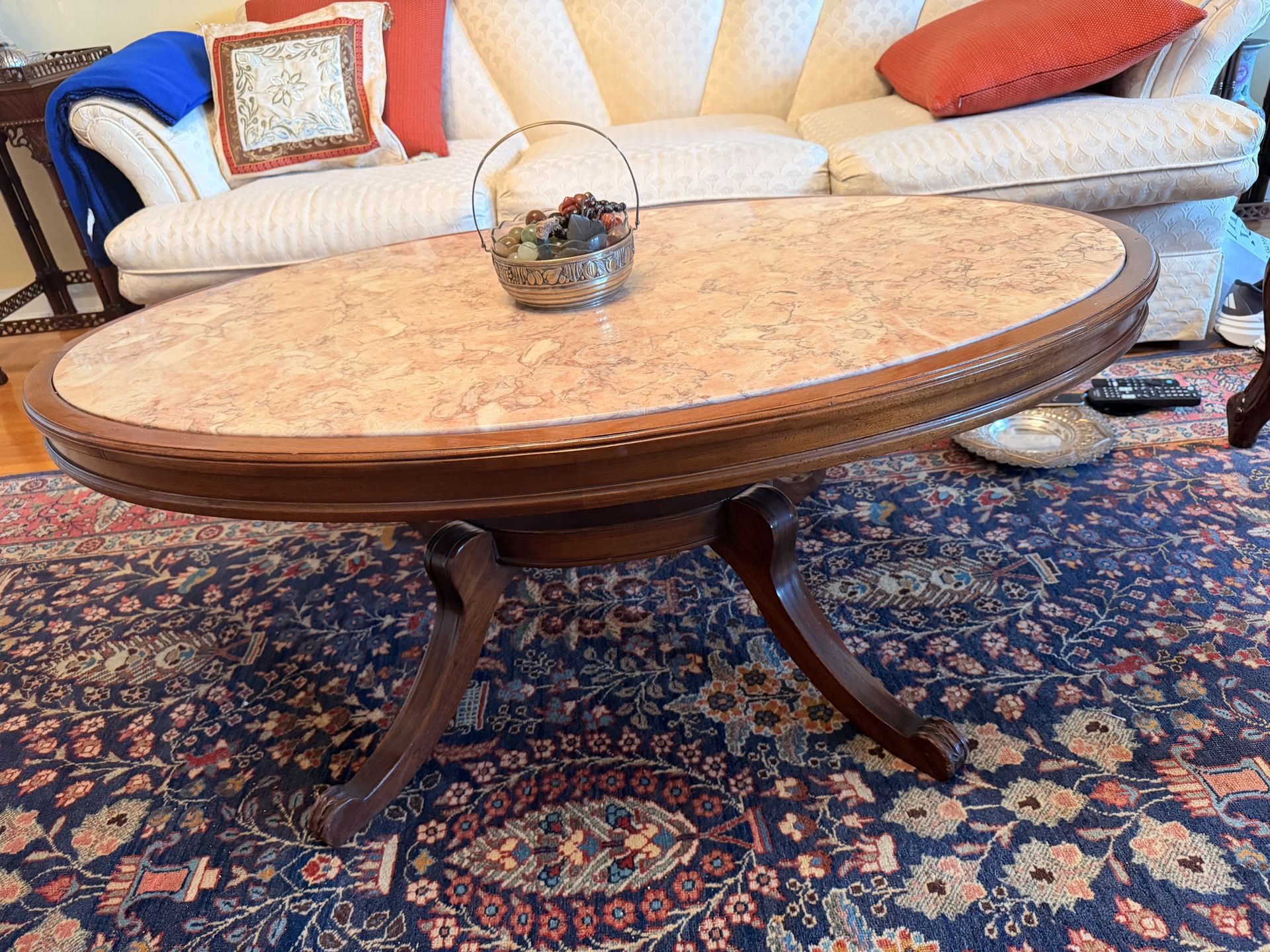 Italian Marble & Solid Wood Coffee Table – 50” Oval