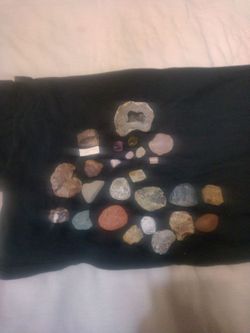 Agate Geode Containing Inner Crystals, Large Pink Crystal, Petrified Wood, Other Quart Crystals, Assorted Mixed Rough Rocks.