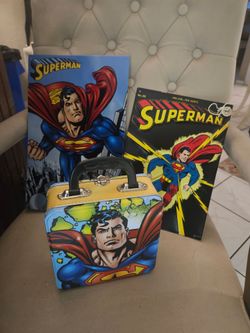 Superman lunch box and metal pictures