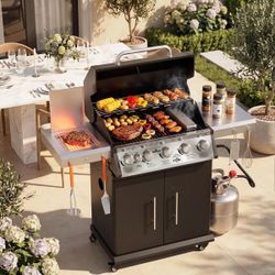 5-Burner Propane Gas Grill with Infrared Side and Rear Burners - 72,000 BTU Outdoor Barbecue Grill with Porcelain-Enameled Cast Iron Grates, Patio & B