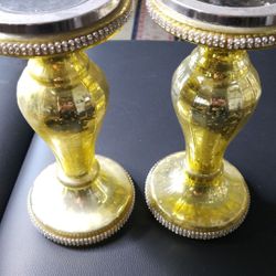 Gold & Bling Pillar Candle Holder 9" tall Table Decorations