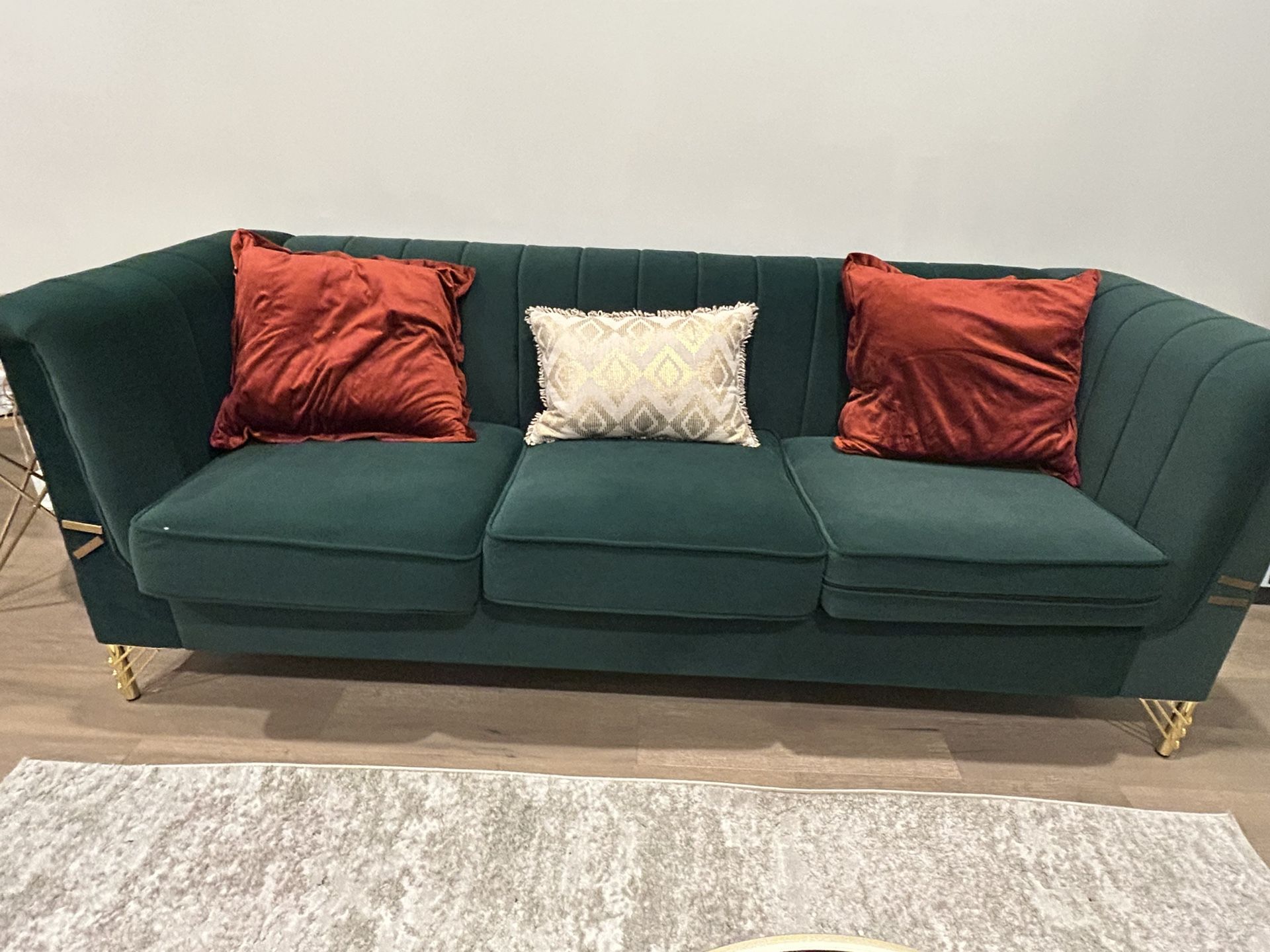 3 Seater Green Velvet Gold Leg Upholstered Sofa With Cushions