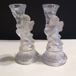 2 Vintage Cherub Style Hollow Ware Two Tone Crystal 6 1/2” Candlestick Holders