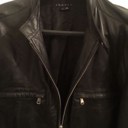 Authentic THEORY Butter Soft Black Leather Jacket Size L GC With Minor Wear