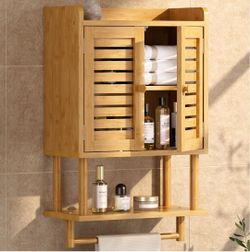 AmazerBath Bathroom Wall Cabinet, Bamboo Over The Toilet Storage Cabinet, Hanging Medicine Cabinets with Towel Bar, Wall Mounted Storage Shelf with Ad