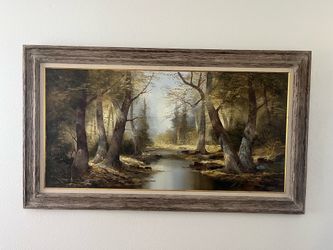 Large Vintage Framed Forest Landscape Oil Painting