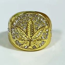 Weeds Sign 1pc Men's Golden Chunky Ring With Leaf Pattern, Artificial Diamond Ring, Exquisite Men's Accessory Jewelry Ornament For Daily Wear For Banq