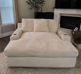 Oversized Cream Chaise Lounge with Cup Holders