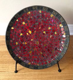 Decorative Red Black Mosaic Glass Plate with Stand (15”D)