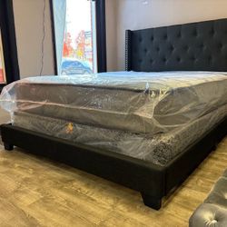 😍 Bkack Tufted Upholstered King, Queen, Full & Twin Bed Frame with Wingback Nailhead Trim Headboard - Opt Mattress + Box Spring | Pickup/Delivery