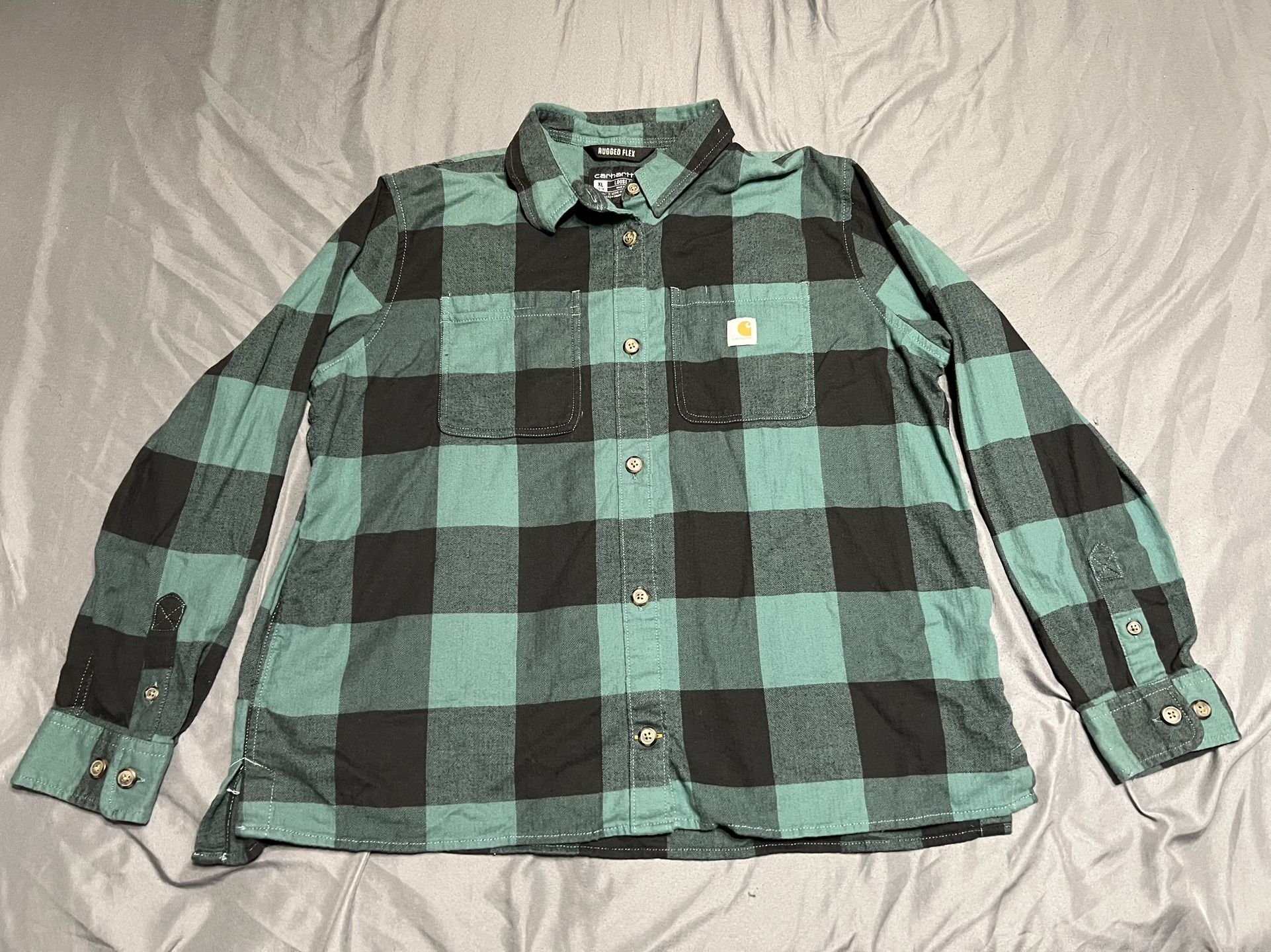 Carhartt Women's Green Black Rugged Flex Plaid Button Front Shirt Size XL