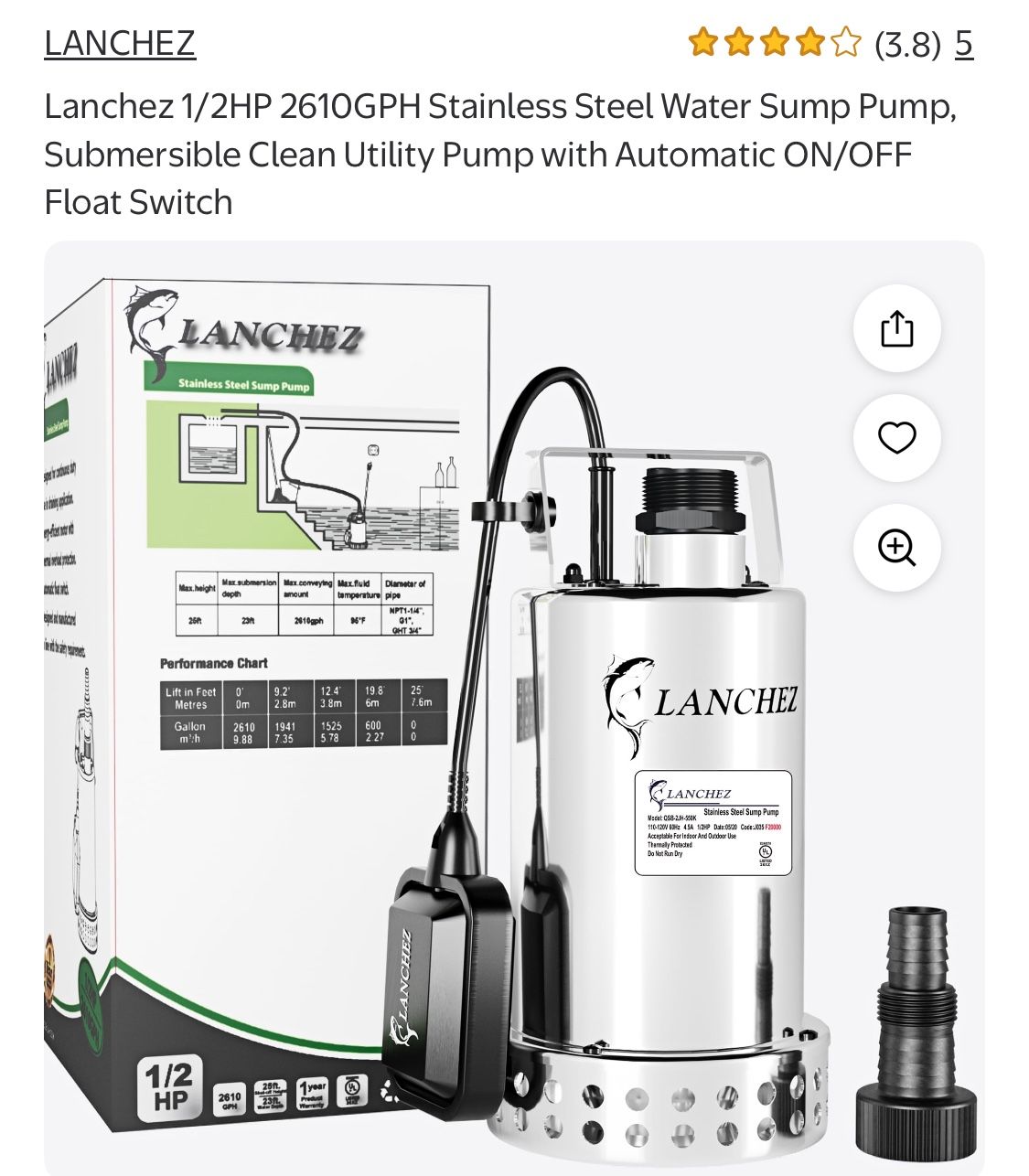 Lanchez New Stainless Steel Sump Pump W Auto On/Off Float Switch 1/2 HP