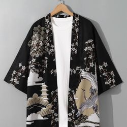 Japanese Style Gold, White, Black Silky Floral Crane Kimono Cardigan SMALL