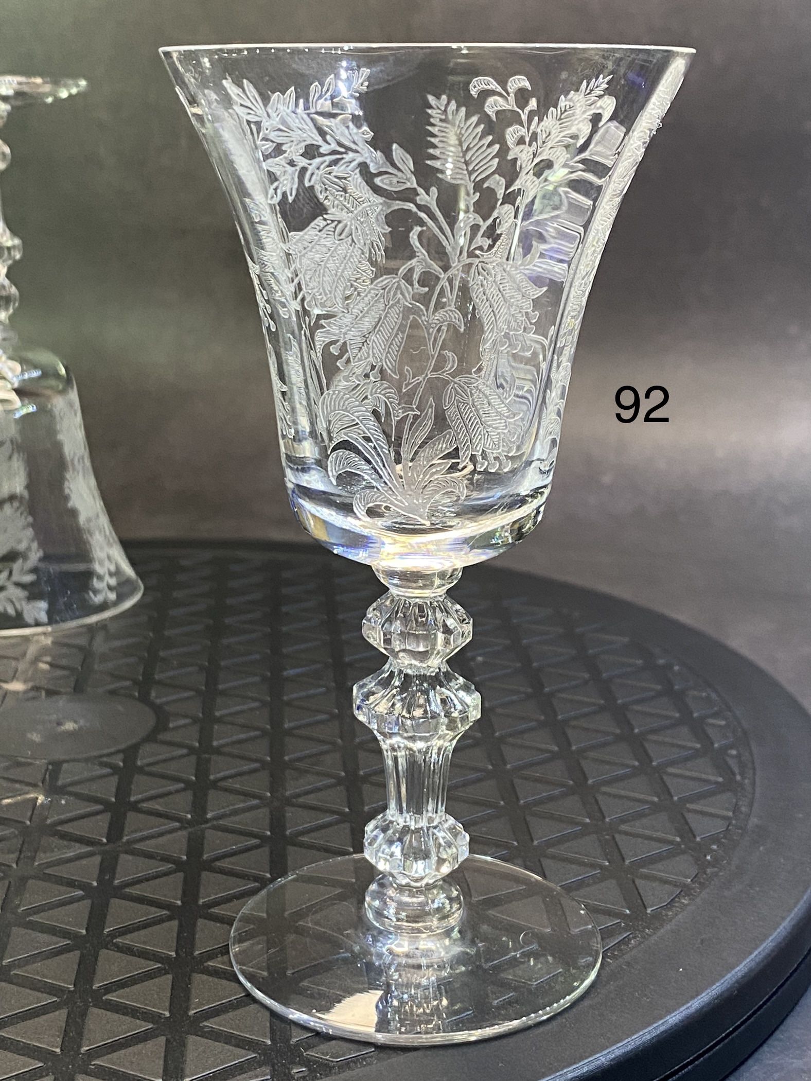 Set of (4) Tiffin Etched Franciscan Fuchsia 5” Wine Goblets. Small chips on top lips. See pics/video.