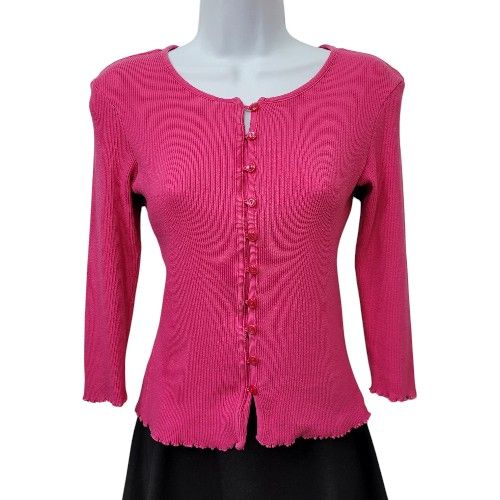 Express Hot Pink Ribbed Lettuce Trim 3/4 Sleeve Stretchy Cardigan Size S