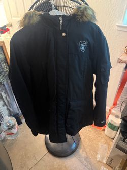 Oakland Raiders heavy winter parka jacket with a faux-fur trimmed hood