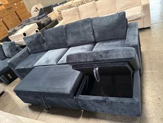 Blue velvet pull-out bed with storage Ottoman