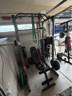 Squat Rack With Barbell + weights + bench
