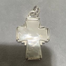 Mother of Pearl and Metal Christian Cross Pendant Silver Tone Inlay