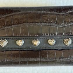 Brighton Wallet Organizer Double Snap Zip Leather Black With Metal Hearts 