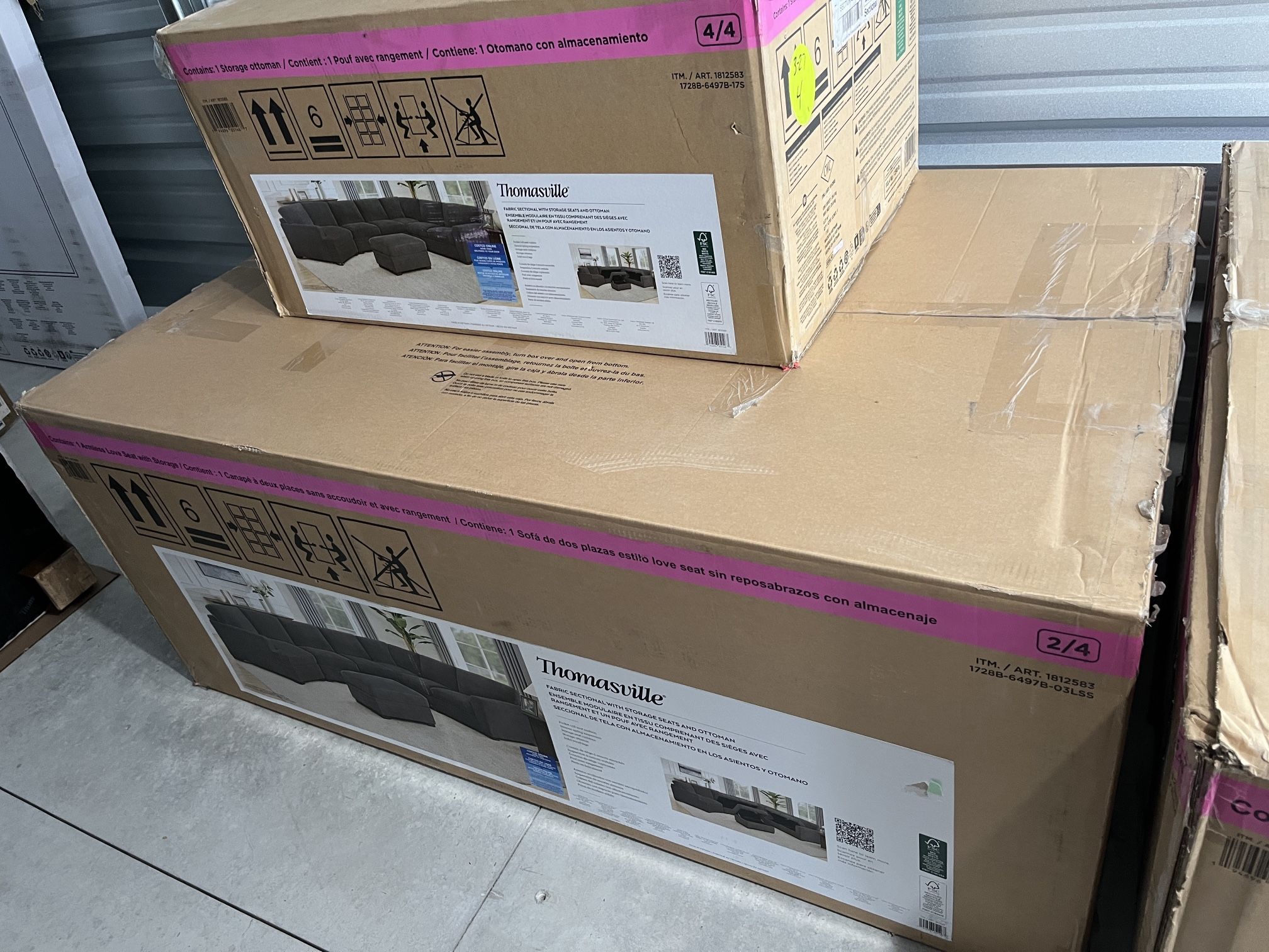NEW IN BOX Fabric Sectional With Storage Seats & Ottoman
