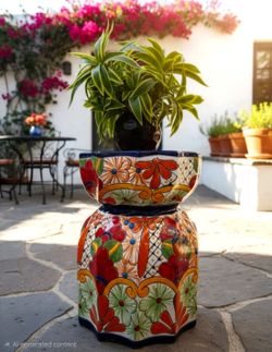 Handpainted Talavera Ceramic Mexican Folk Art Pottery Table Garden Patio Pool Balcony Tropical Home Decor 18"x13