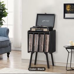 Record Player Stand with Storage Holds Up to 80 Albums, Turntable Stand with Beech Wood Legs, Mid-Century Record Player Table,Black Vinyl Holder Displ