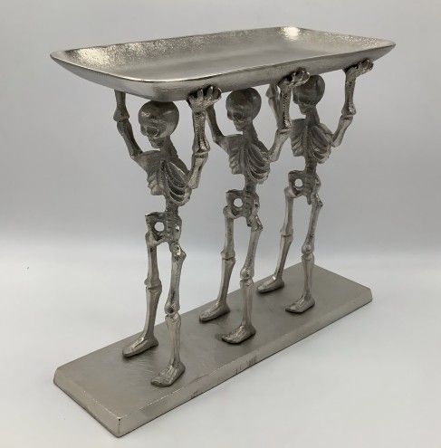 MARTHA STEWART 12" 3 SKELETON HOLDING SILVER TRAY  PLATTER 12"H  Heavy Item" 