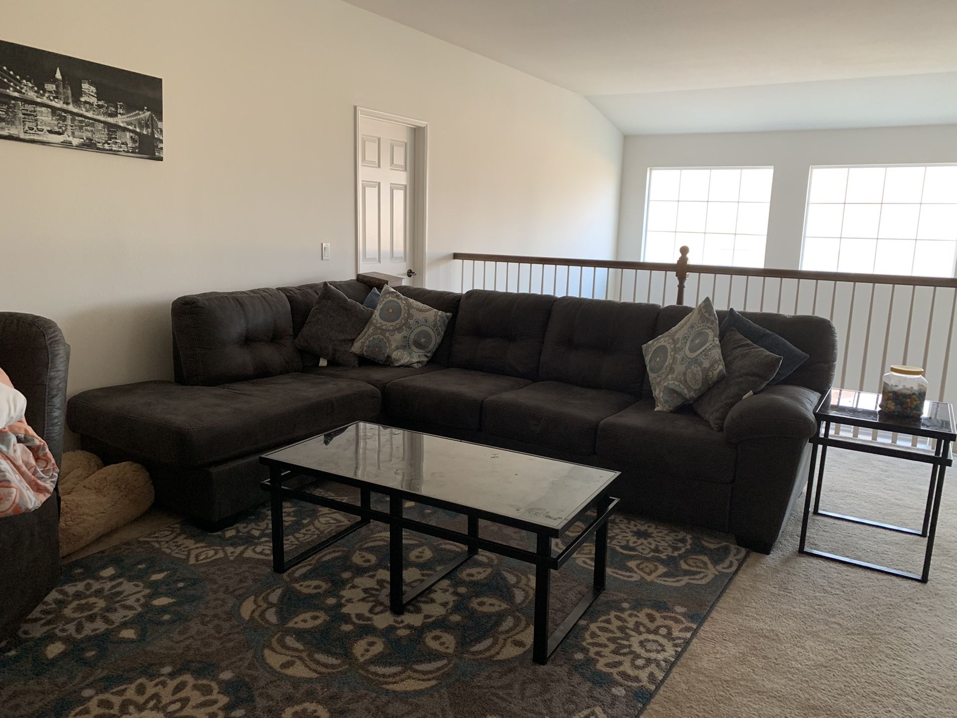 Sectional, Ottoman, 3 Matching Black Accent Tables, Rocking Chair, & Area Rug