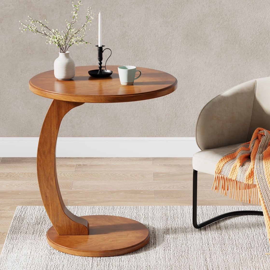 C-Shaped En d Tabl e, Round Solid Wood Side Tabl e for Living Room