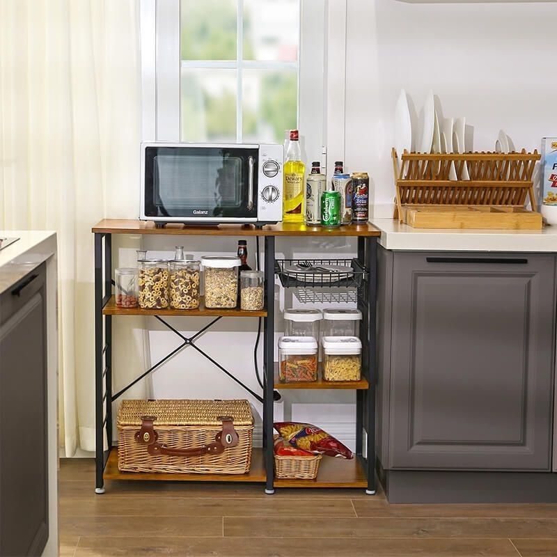 NEW Kitchen Baker’s Rack, Utility Storage Shelf, Microwave Oven Stand Metal Frame, Wire Basket 6 Hooks Mini Oven