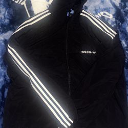 Adidas Jacket Mens Large Black Windbreaker 3 Stripe Track Hooded Full Zip Flaw*
