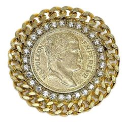 Vintage Napoleon Empereur Coin Pin Brooch Gold tone Clear Rhinestone chunky