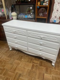 Vintage white long French provincial dresser chest of drawers 52 by 17 by 34