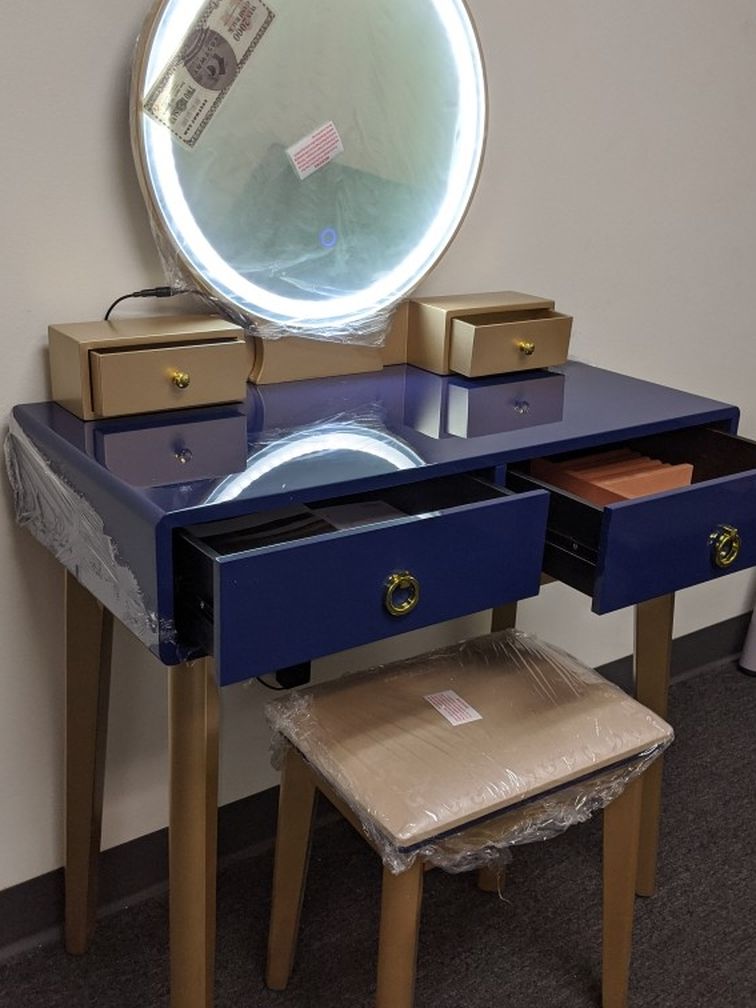 Makeup Vanity Table Set 3 Color Lighted Mirror Navy Blue And Gold