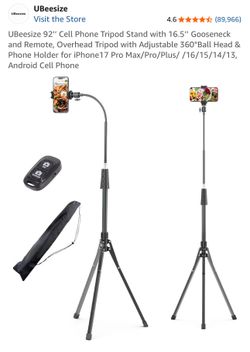 UBeesize 92’’ Cell Phone Tripod Stand with 16.5’’ Gooseneck and Remote, Overhead Tripod with Adjustable 360°Ball Head & Phone Holder for iPhone17 Pro 