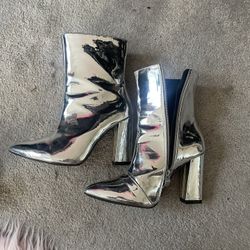Metallic Silver Low Calf Length Boots 