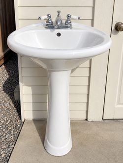 White Pedestal Bathroom Sink with Faucet