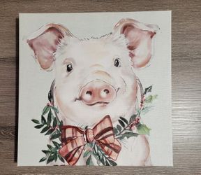 Farmhouse Holiday Pig with Wreath Canvas, 12 X 12